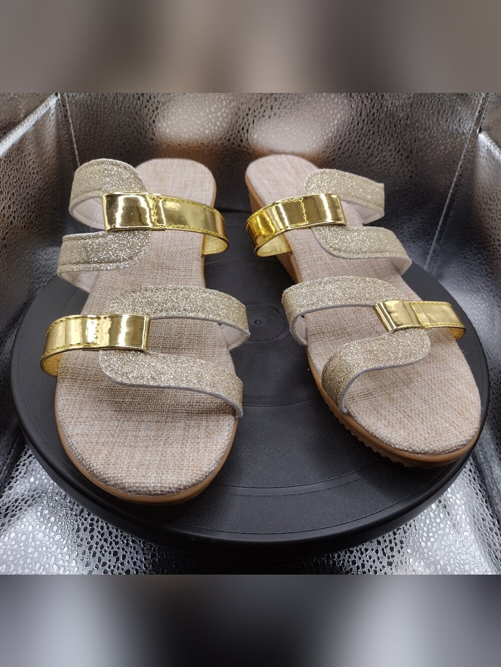 Gold-Accent Glitter Strappy Women’s Wedge Sandals Slides US Size 8